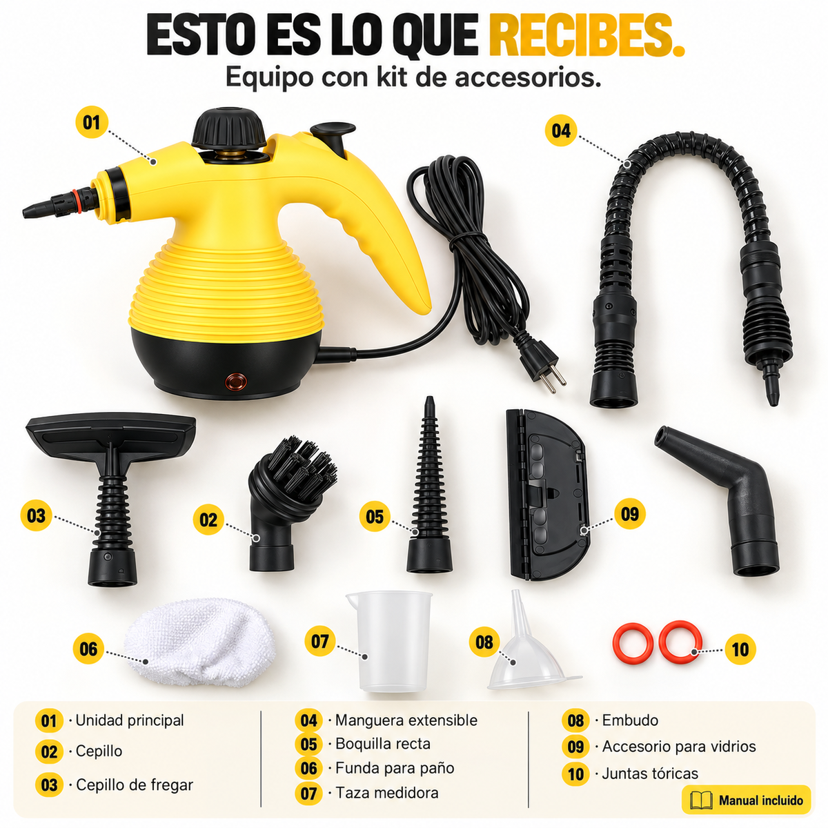 VaporJet™ — Limpiador a Vapor Portátil Presurizado 1000W — 10 Accesorios, 3 Bares